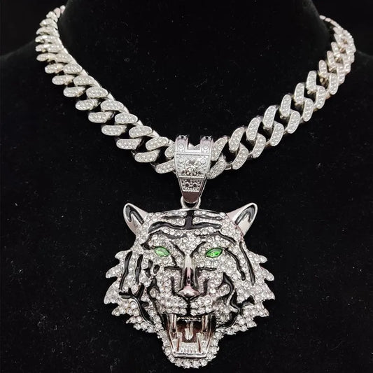 Hip Hop 3D Tiger Pendant Necklace with 13mm Crystal Cuban Chain