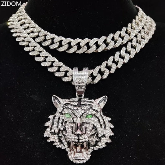 Hip Hop 3D Tiger Pendant Necklace with 13mm Crystal Cuban Chain